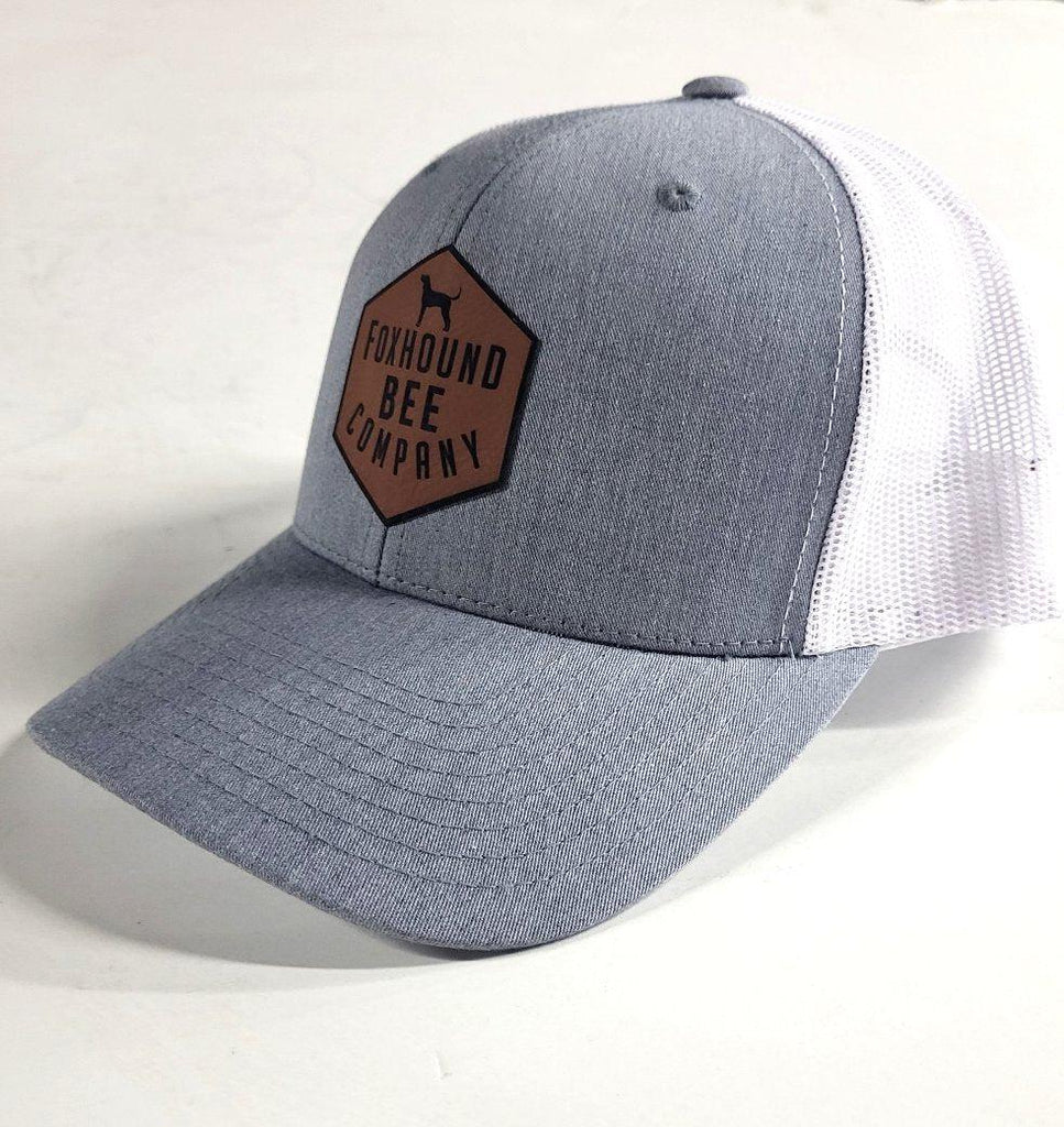 Leather Patch Trucker Hat-Merchandise-Heather Gray / White-Foxhound Bee Company